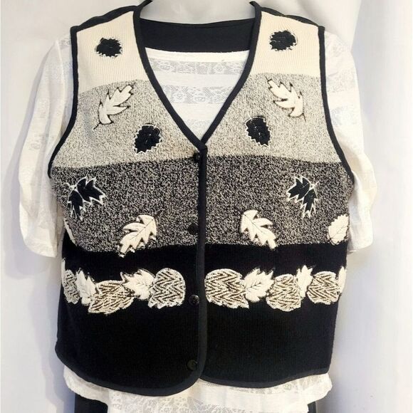 VTG Casual Corner Woman Knit Ft Vest Neutral Leaf Fall Thanksgiving 1X Altered - Picture 1 of 8